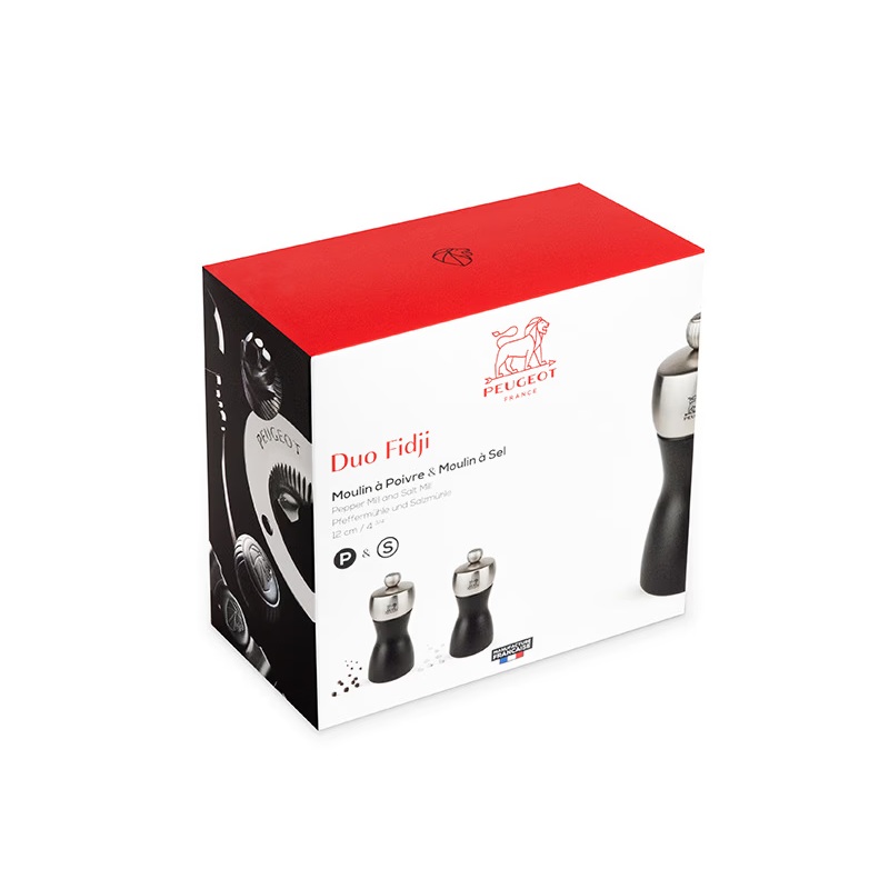 Duo de moulins à poivre et à sel en bois et inox fidji couleur noir 12 cm- peugeot saveurs