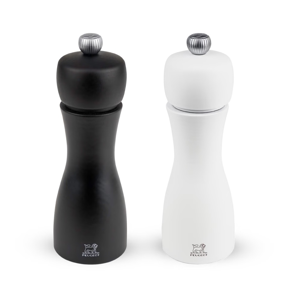 Duo de moulins à poivre et à sel manuels en bois tahiti couleur noir et blanc 15 cm peugeot saveurs
