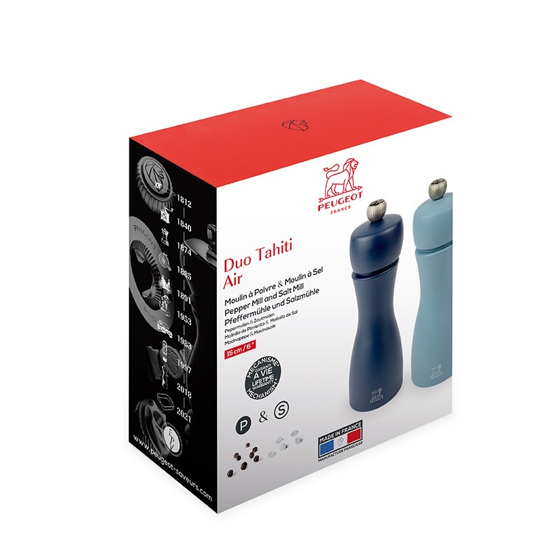 Tahiti air duo moulin a sel bleu azur et moulin a poivre bleu nuit - peugeot saveurs