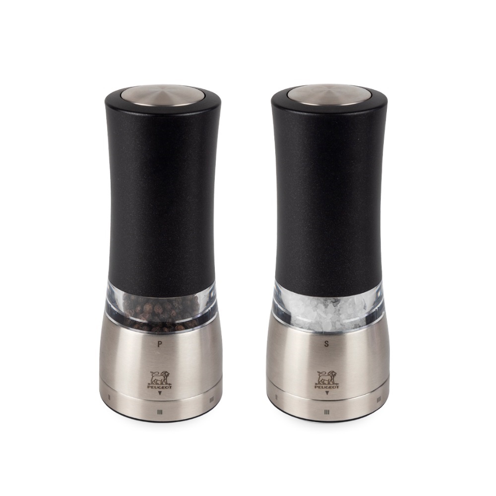 Coffret cadeau daman noir irisé 16 cm - duo de moulins à poivre et à sel électriques u'select - peugeot saveurs
