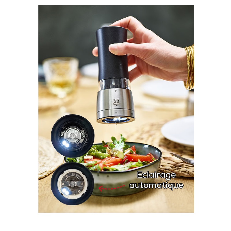 Coffret cadeau daman noir irisé 16 cm - duo de moulins à poivre et à sel électriques u'select - peugeot saveurs