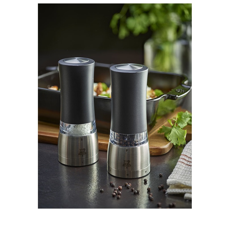Coffret cadeau daman noir irisé 16 cm - duo de moulins à poivre et à sel électriques u'select - peugeot saveurs