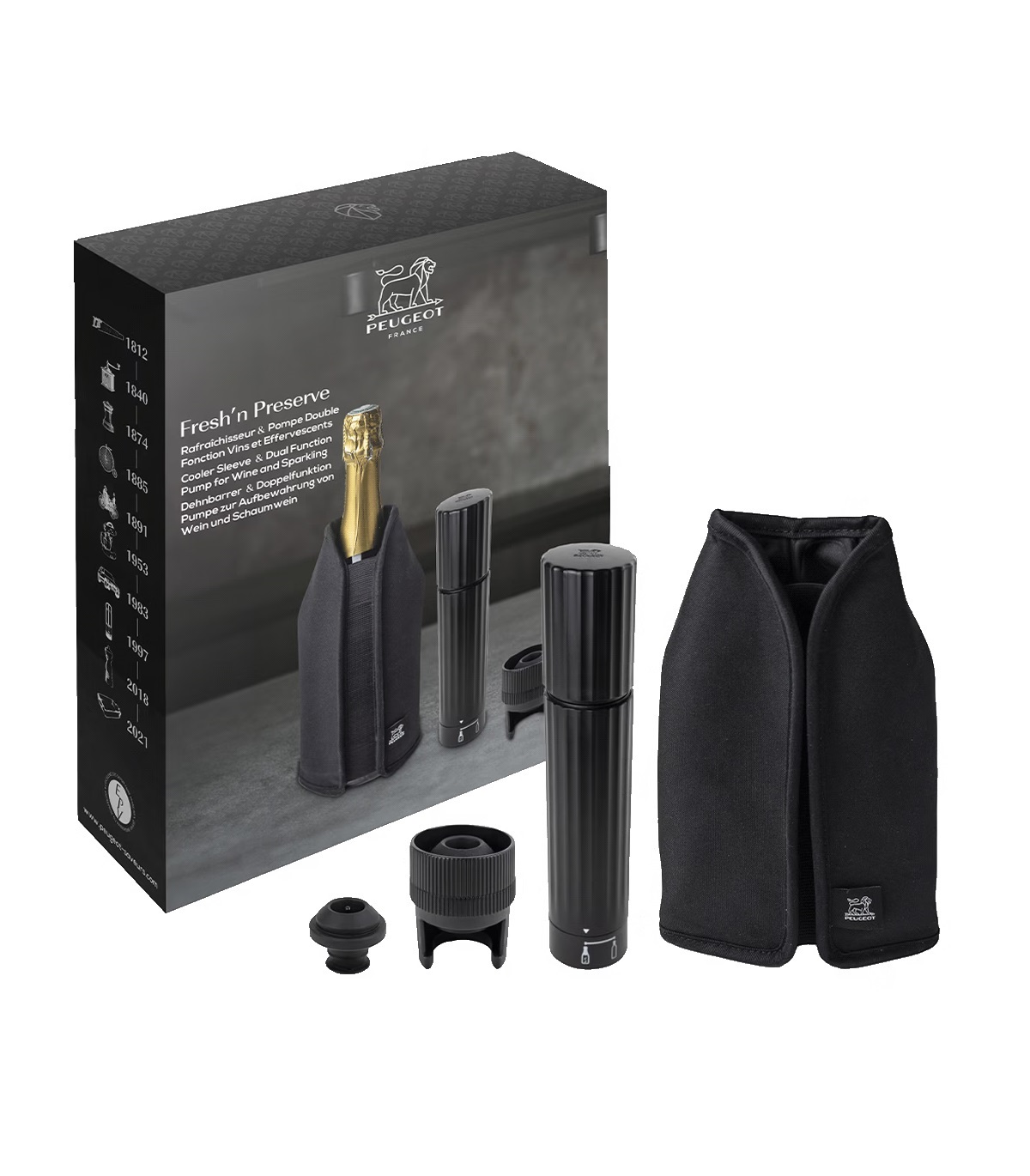 Fresh ‘n preserve - coffret cadeau pompe double fonction preserve duo et gaîne rafraîchissante frizz - peugeot saveurs