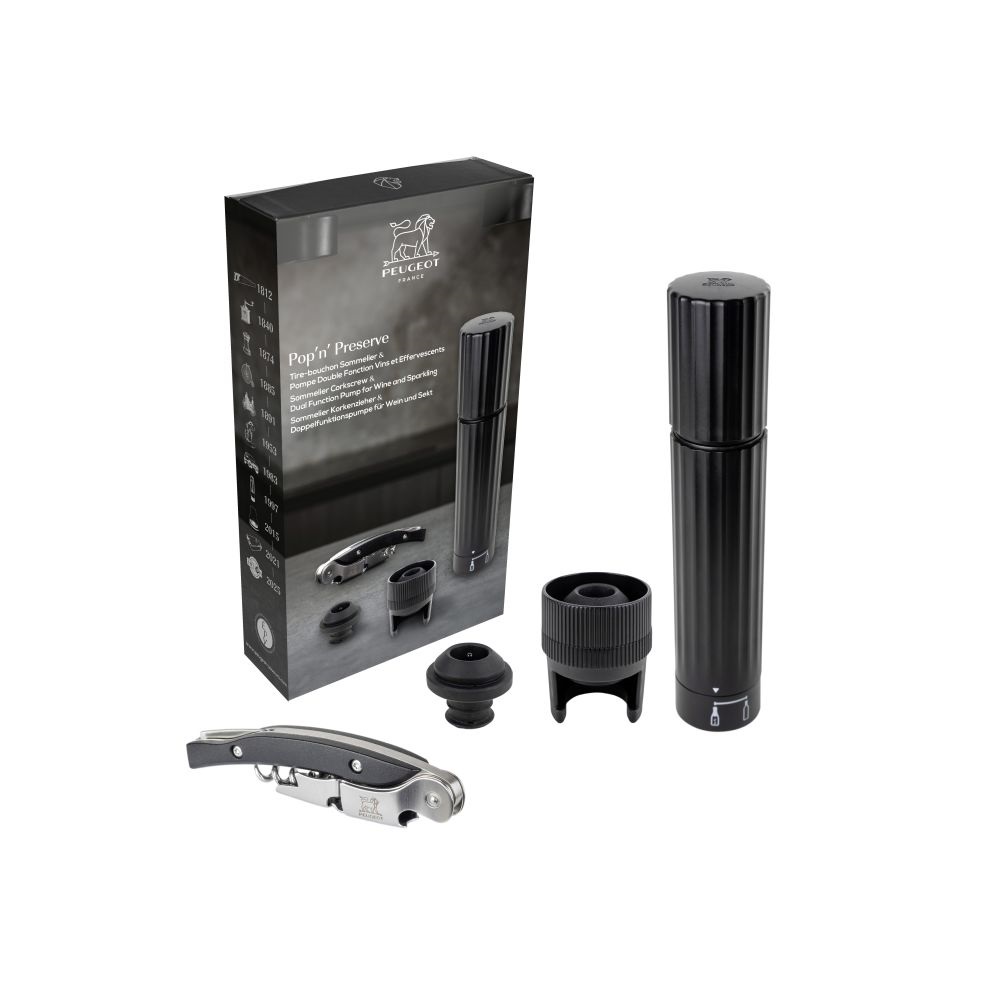 Pop' n preserve coffret malbec tir-bouchon sommelier coupe capsule + pompe à vide d'air duo- peugeot saveurs