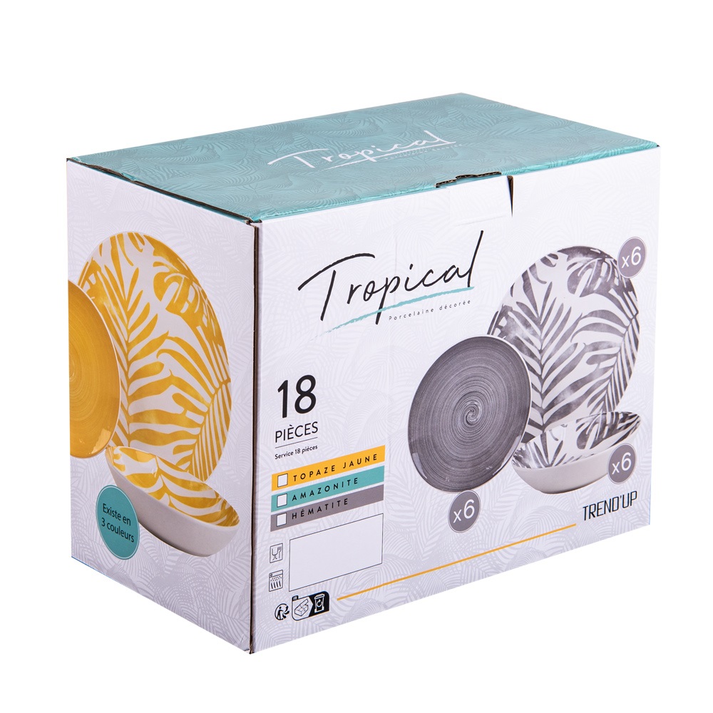Service d'assiettes en porcelaine 18 pièces tropical jaune - table et passion 
