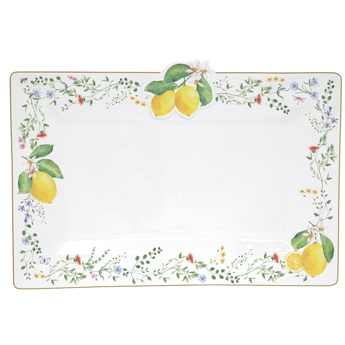 Coffret cadeau plat à gateau rectangulaire en porcelaine 36x24 cm fleurs et citrons - easylife