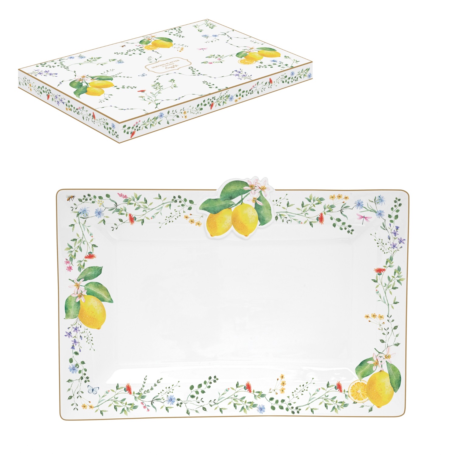 Coffret cadeau plat à gateau rectangulaire en porcelaine 36x24 cm fleurs et citrons - easylife