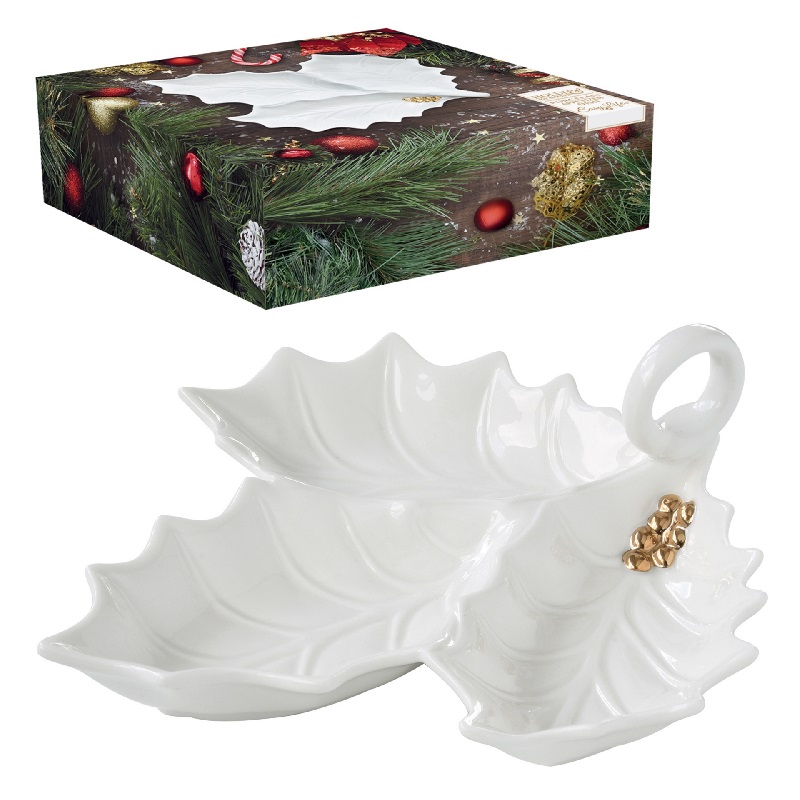 Coupelle apero 3 compartiments 22x 20 cm feuilles de houx holly berries - easylife