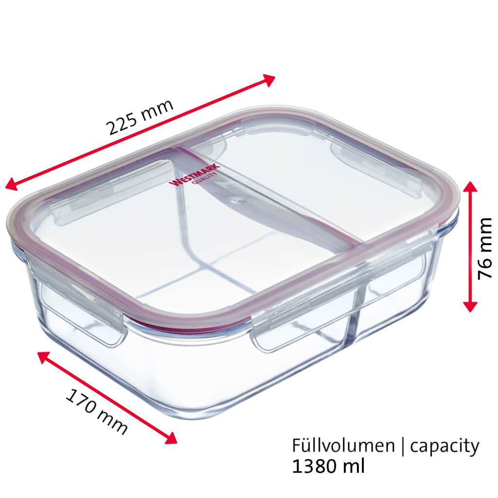 Boîte alimentaire hermétique en verre, 1380 ml, avec 2 compartiments separés - westmark