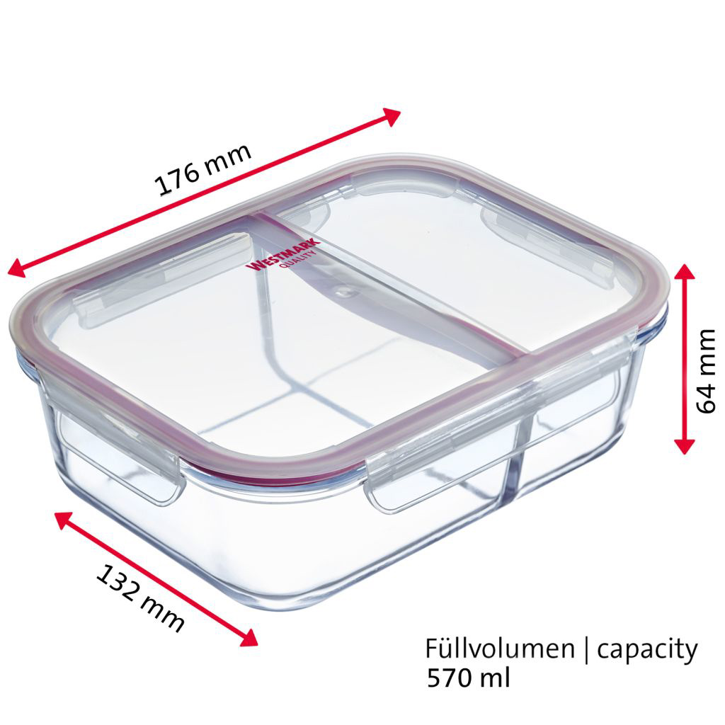 Boîte alimentaire hermétique en verre, 570 ml, avec 2 compartiments separés - westmark