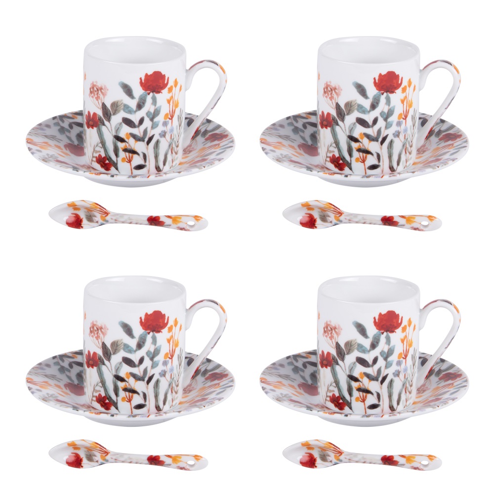 Coffret de 4 tasses de 10 cl / sous tasses flor + cuillères assorties - table et passion 