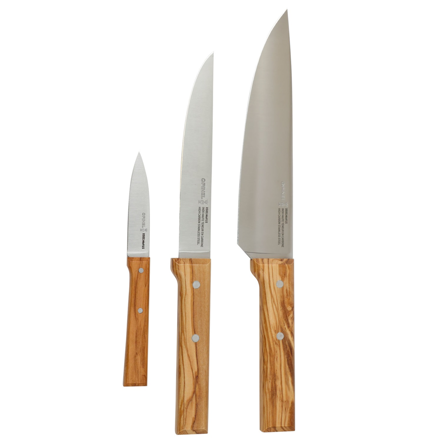 Coffret trio de couteaux de cuisine en bois d'olivier parallèle - opinel 