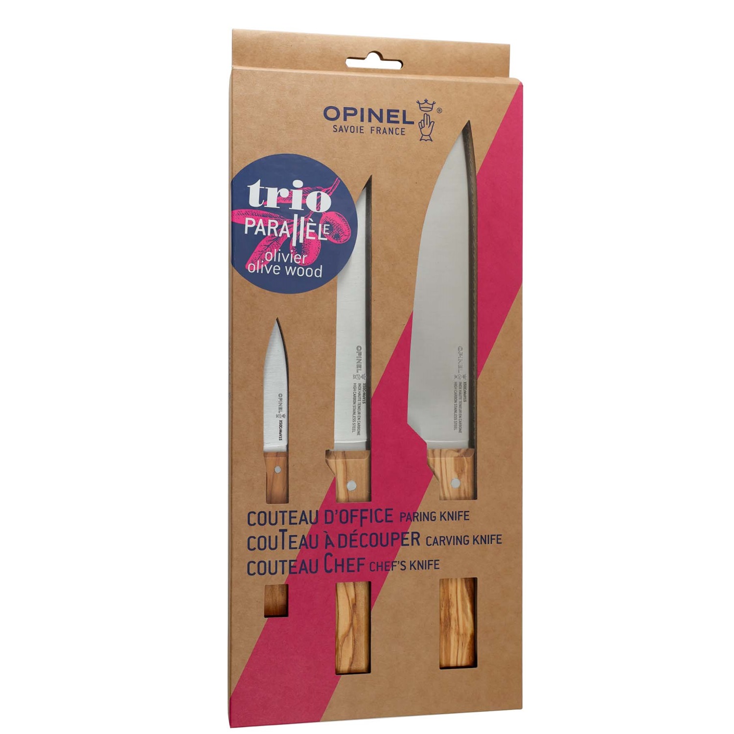 Coffret trio de couteaux de cuisine en bois d'olivier parallèle - opinel 