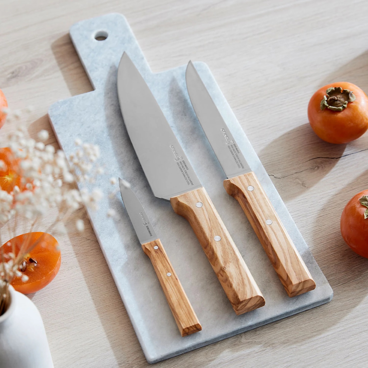 Coffret trio de couteaux de cuisine en bois d'olivier parallèle - opinel 