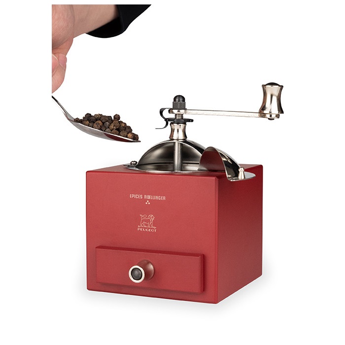 Moulin à poivre manuel en bois couleur rouge piment, 13 cm le moulin d'olivier roellinger - peugeot saveurs