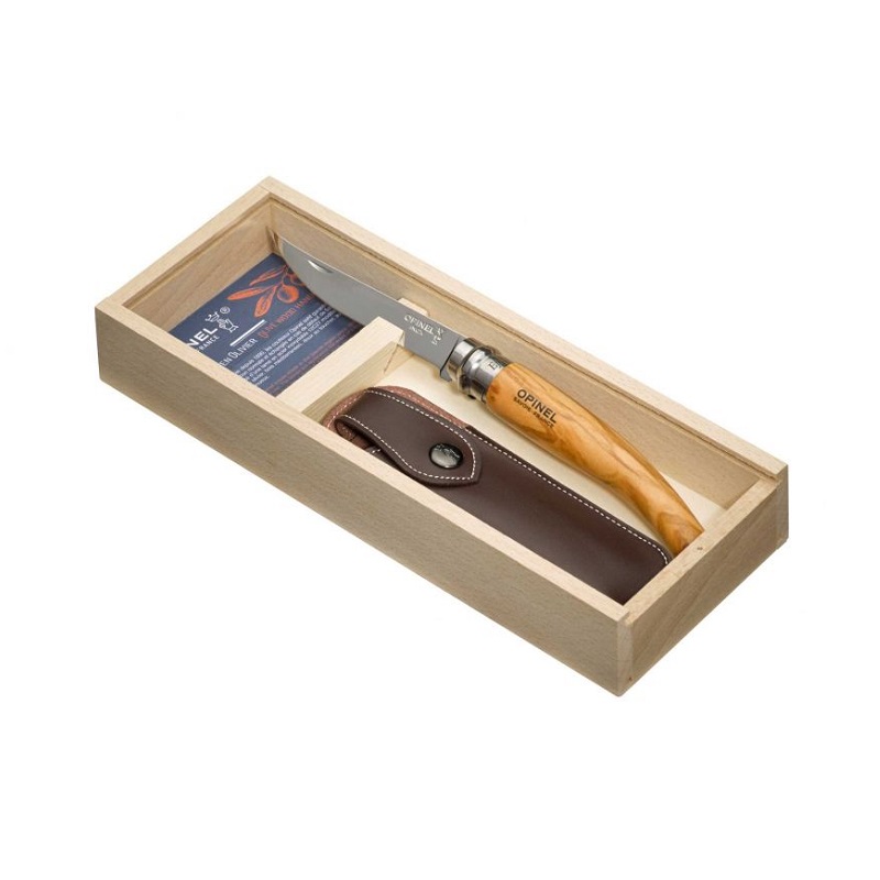Couteau de poche pliable effilé en olivier n°10 vendu avec sont étui dans en plumier en bois - opinel 