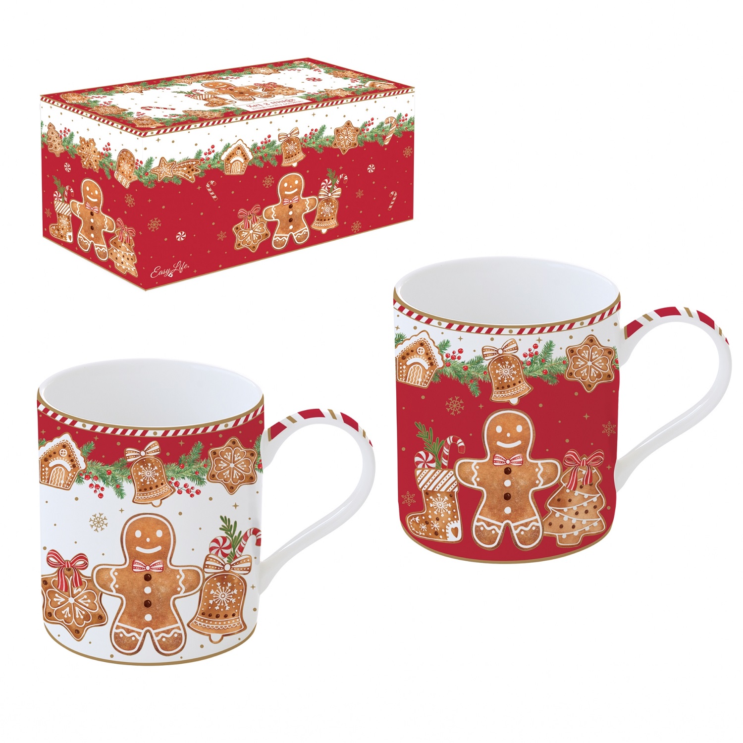 Coffret 2 mugs en porcelaine 35 cl en boite cadeau fancy gingerbread - easylife