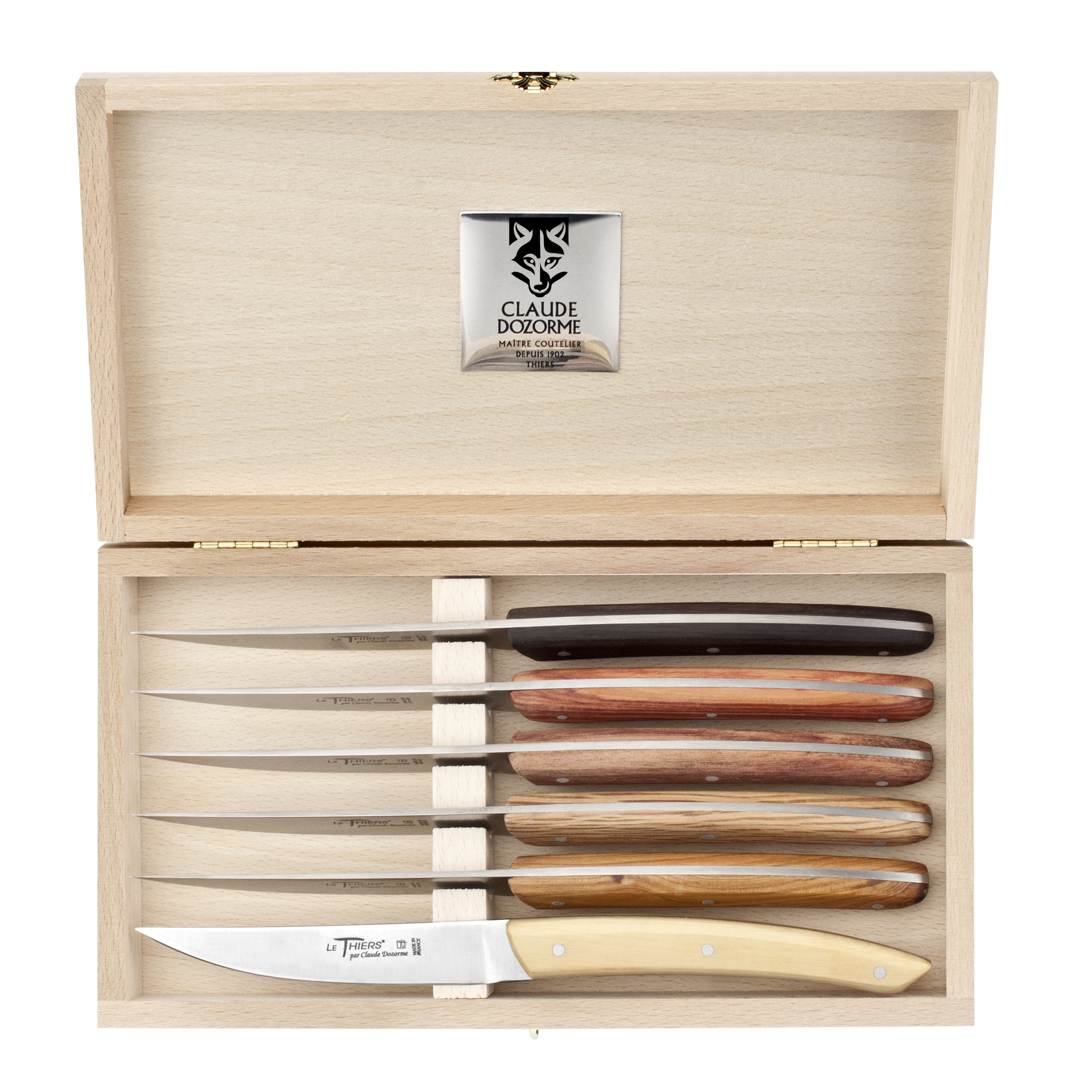 Coffret 6 couteaux a steak thiers manches panaches bois - claude dozorme