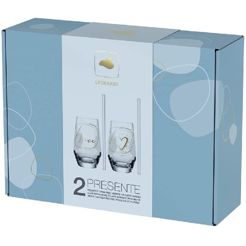 Coffret cadeau 2 verres + 2 pailles 365 ml love - leonardo
