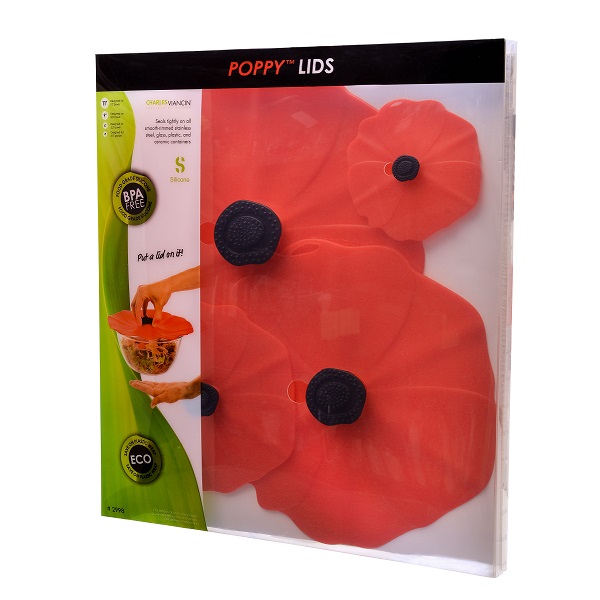 Lot de 4 couvercles hermetique en silicone decor coquelicots poppy 10 - 15 - 23 - 28 cm- charles viancin