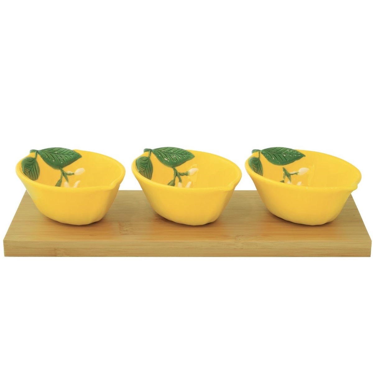 Coffret set apéritif 3 bols en porcelaine jaune citron sur plateau bambou - easylife