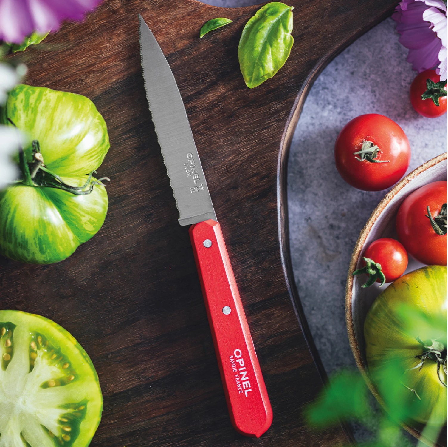 Couteau cranté à tomates 10 cm manche bois rouge n°113 - opinel 