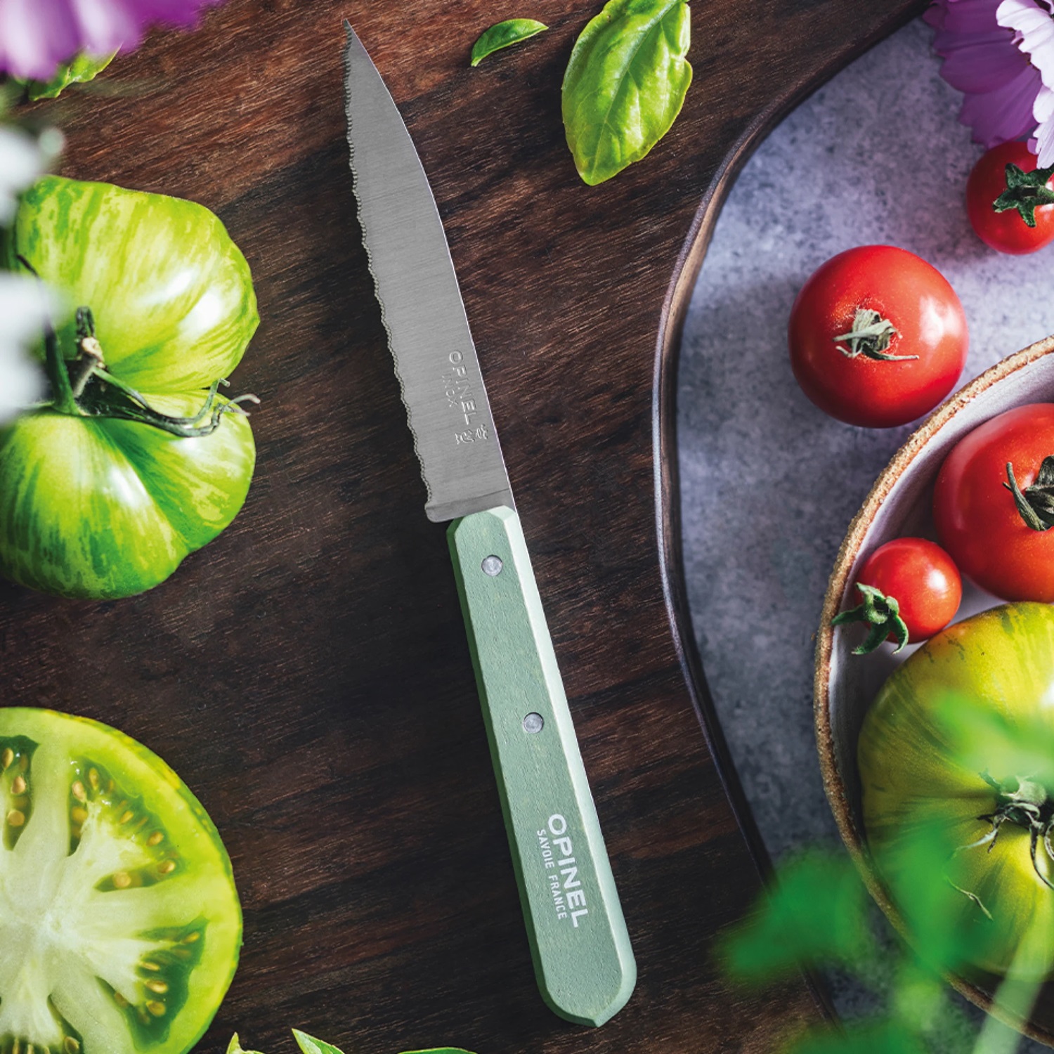 Couteau cranté à tomates 10 cm manche bois vert sauge n°113 - opinel 