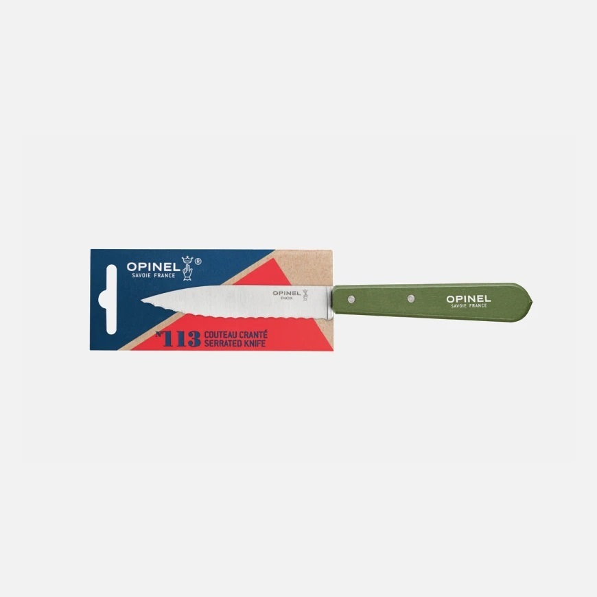 Couteau cranté à tomates 10 cm manche bois vert kaki n°113 - opinel 