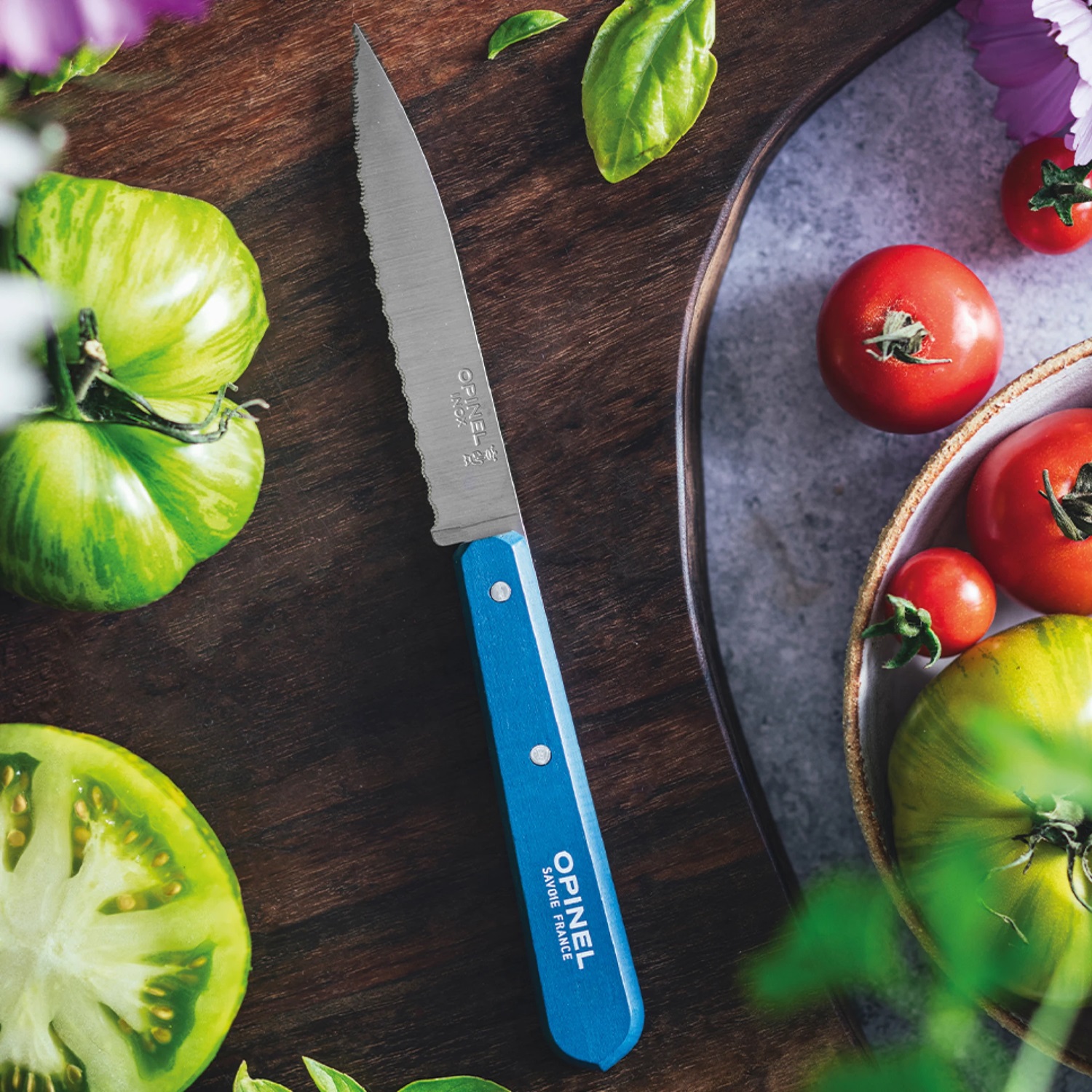 Couteau cranté à tomates 10 cm manche bois bleu n°113 - opinel 