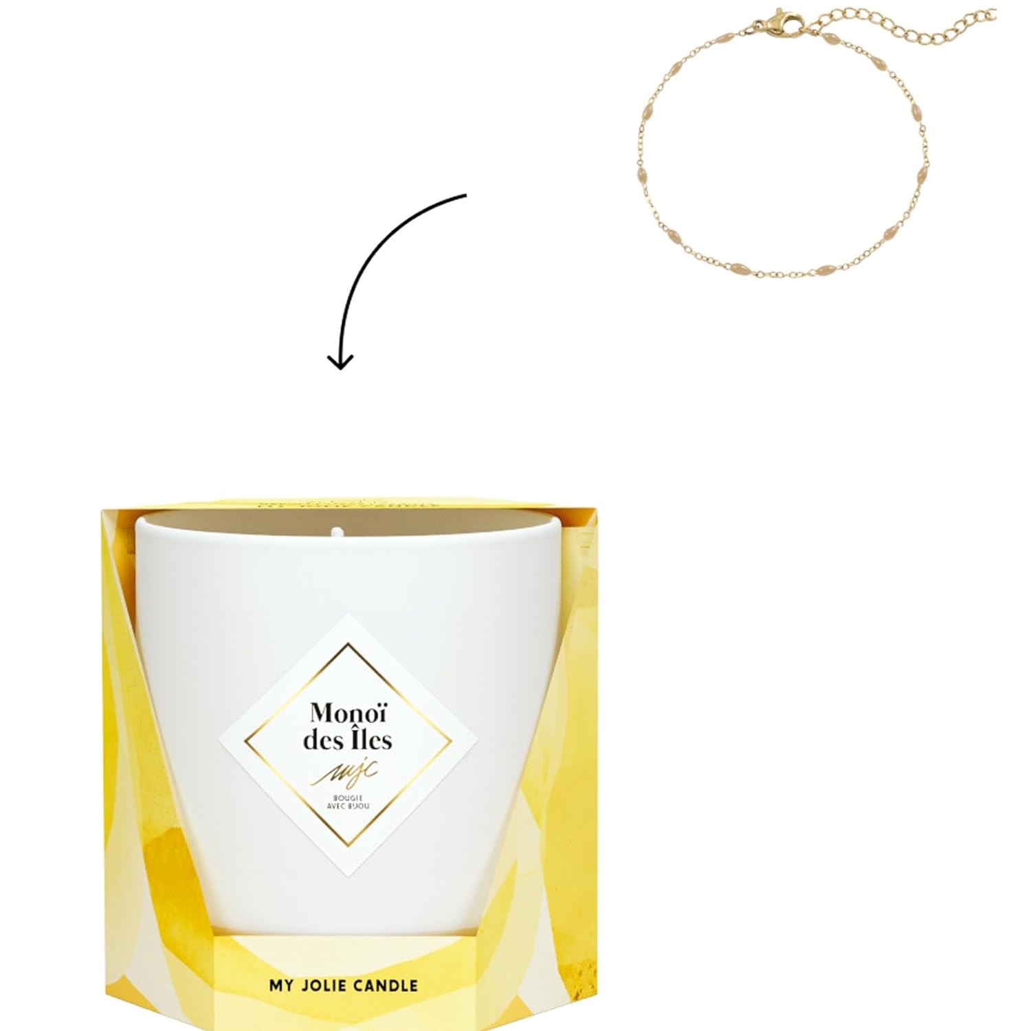 Bougie parfumée monoi des iles bracelet or et perles beige les essentielles 36h - my jolie candle