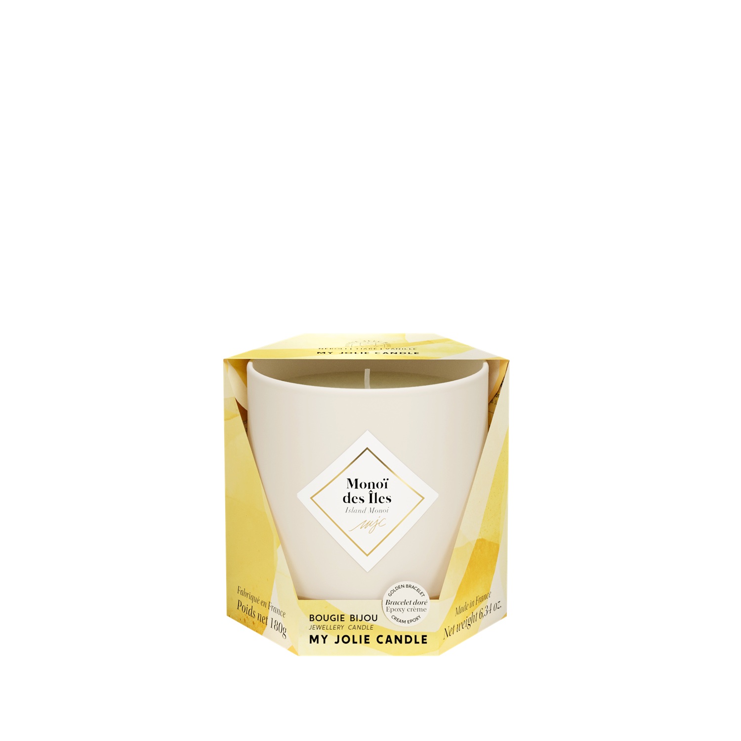 Bougie parfumée monoi des iles bracelet or et perles beige les essentielles 36h - my jolie candle