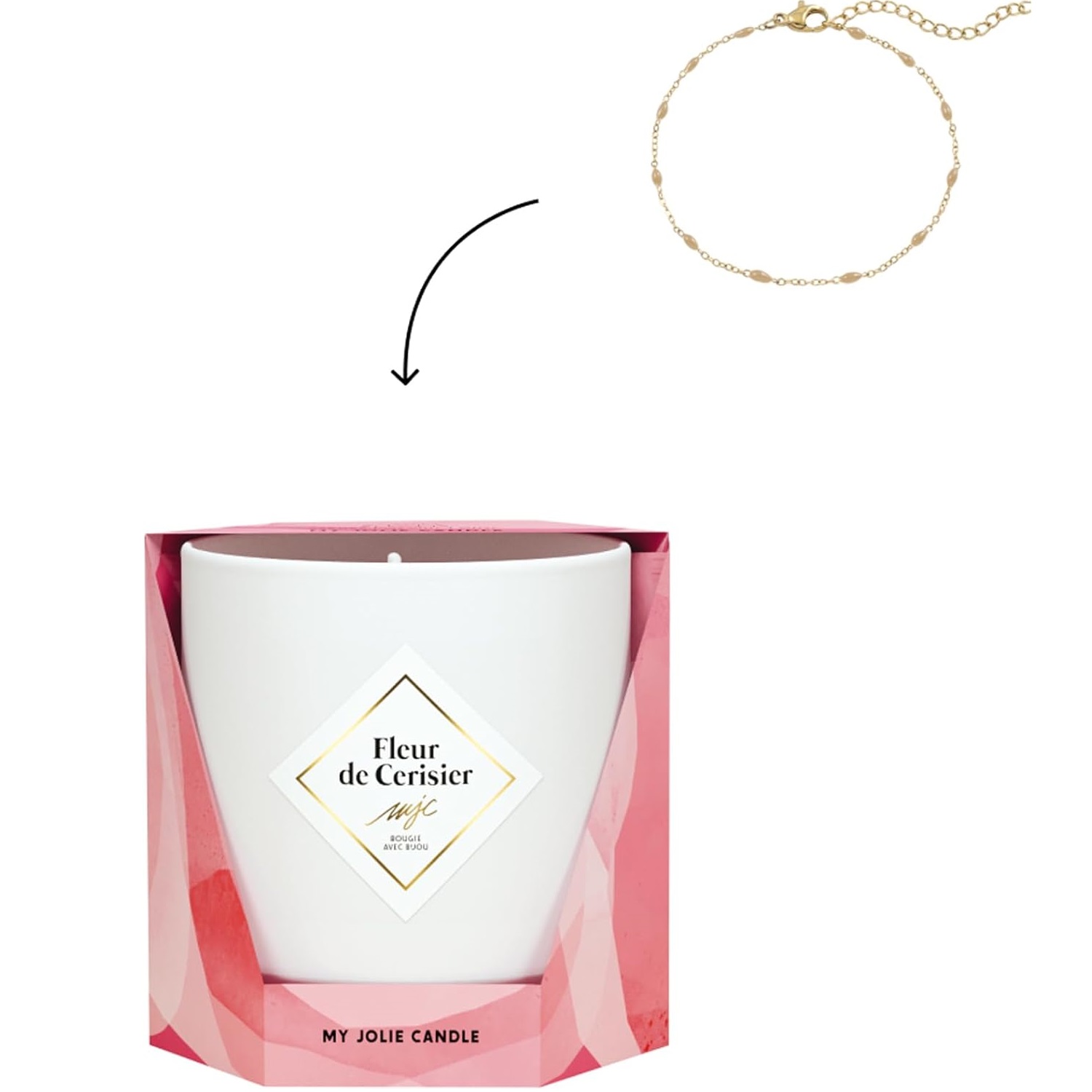 Bougie parfumée fleur de cerisier bracelet or et perles beige les essentielles 36h - my jolie candle