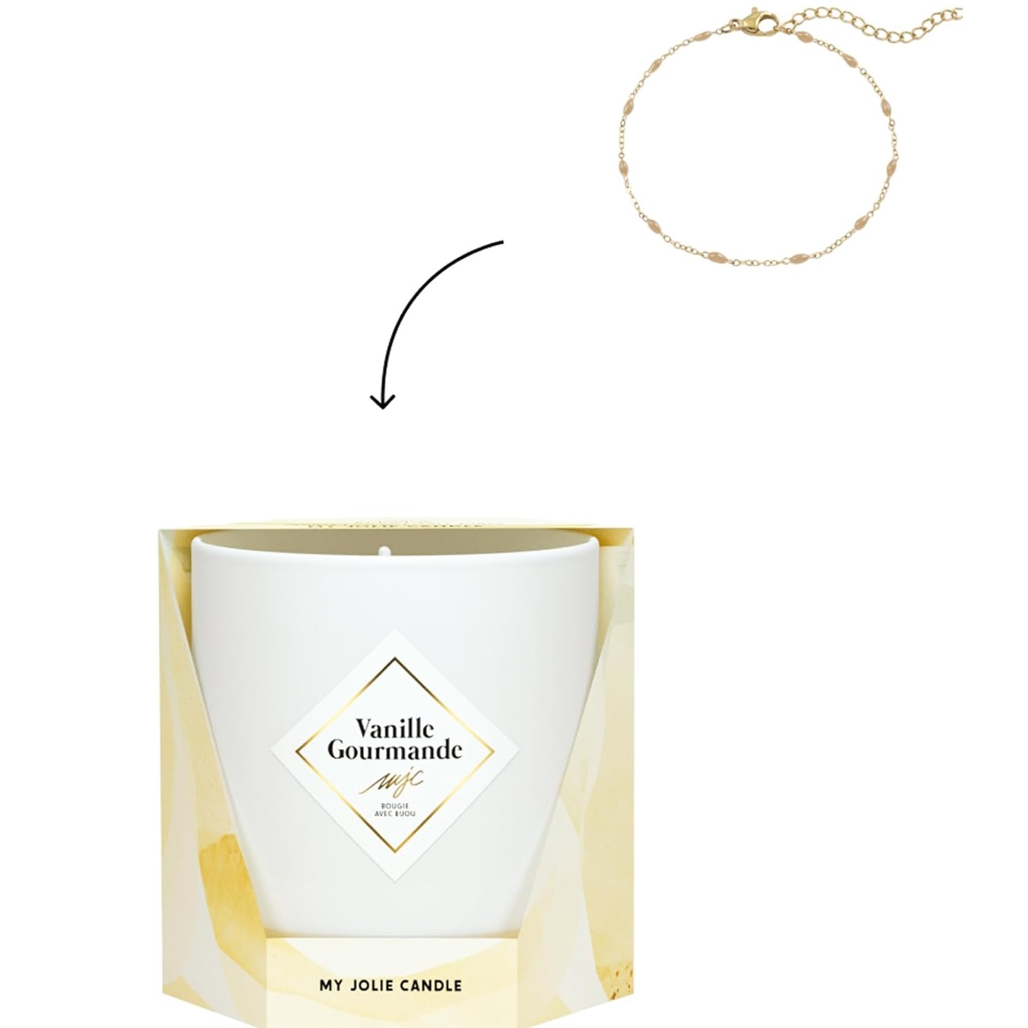 Bougie parfumée vanille gourmande bracelet or et perles beige les essentielles 36h - my jolie candle