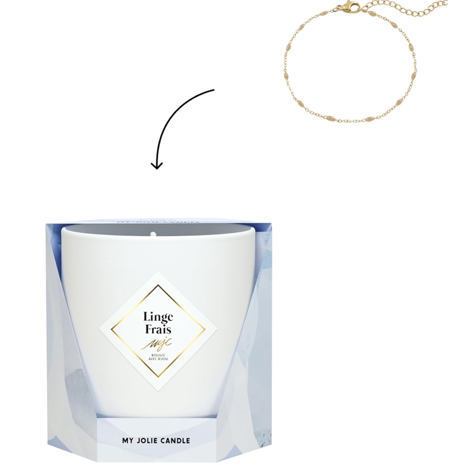 Bougie parfumée linge frais bracelet or et perles beige les essentielles 36h - my jolie candle