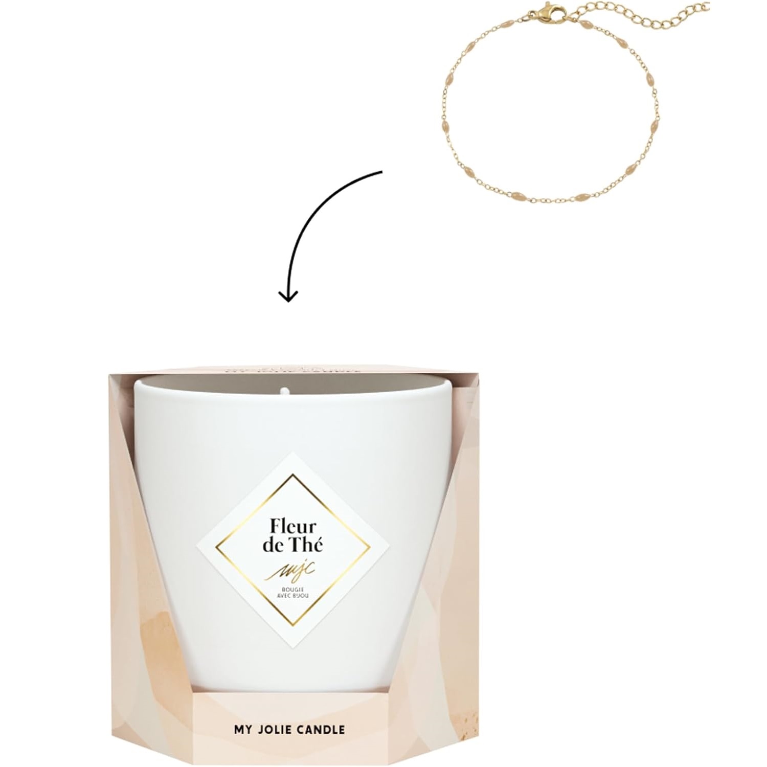 Bougie parfumée fleur de thé bracelet or et perles crème les essentielles 36h - my jolie candle
