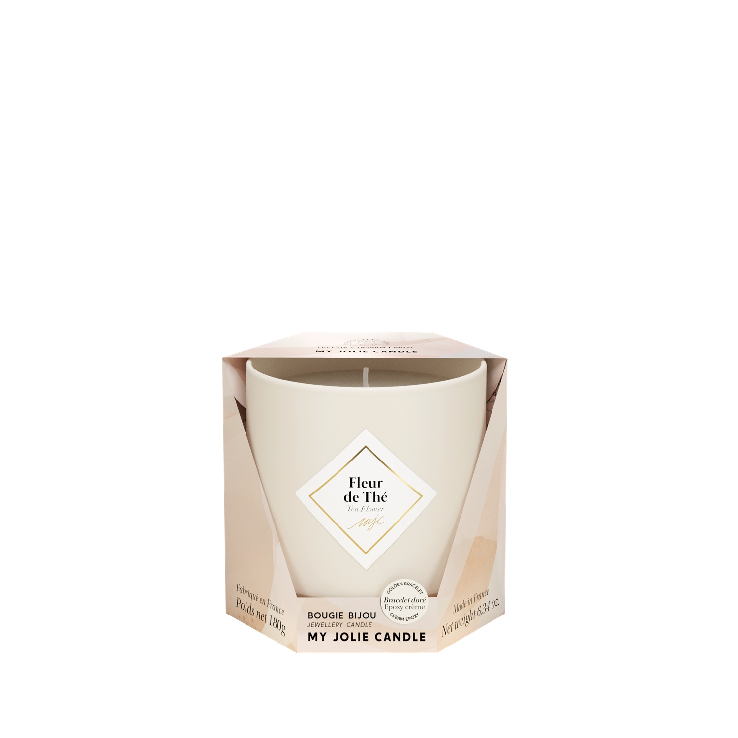 Bougie parfumée fleur de thé bracelet or et perles crème les essentielles 36h - my jolie candle
