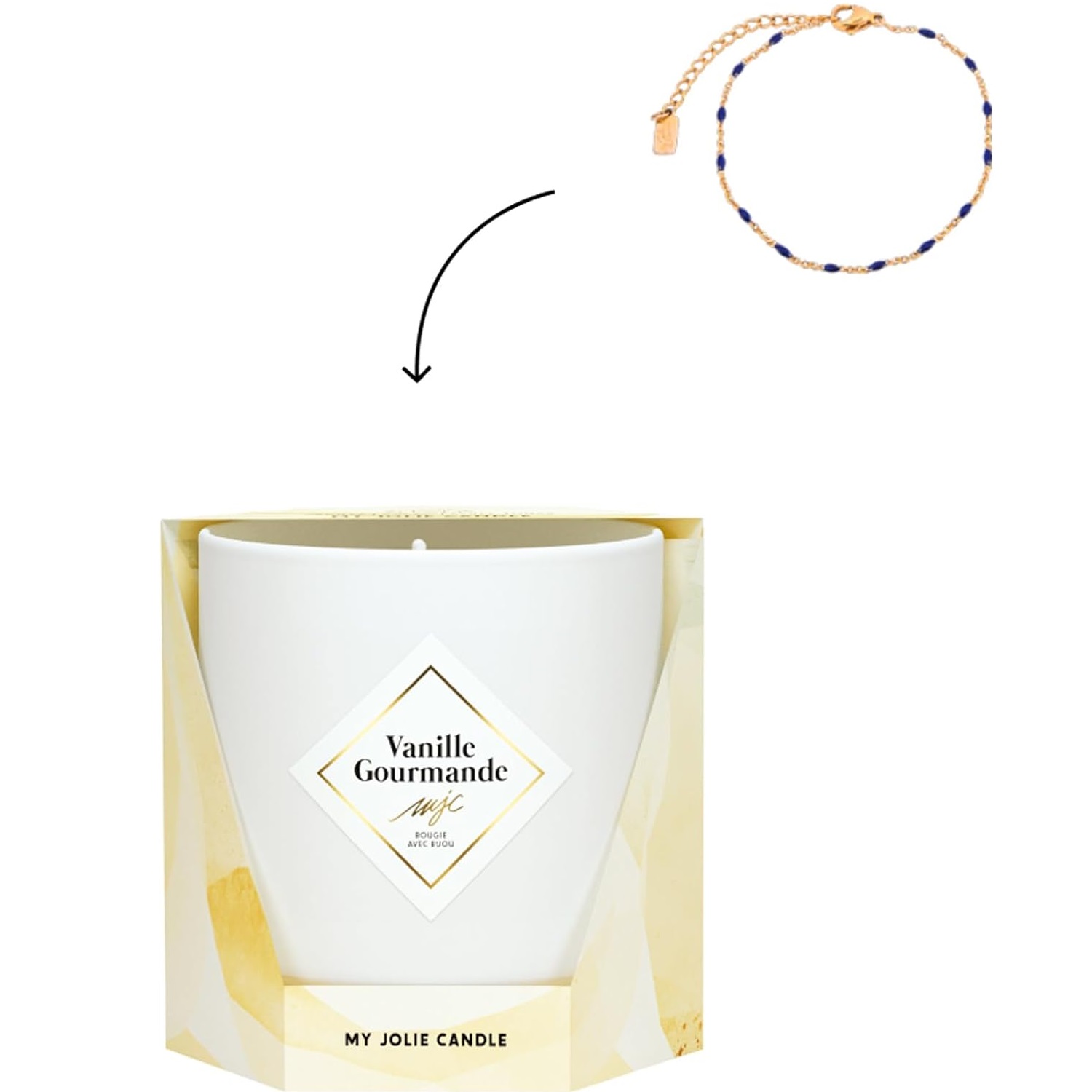 Bougie parfumée vanille gourmande bracelet or et noir les essentielles 36h - my jolie candle