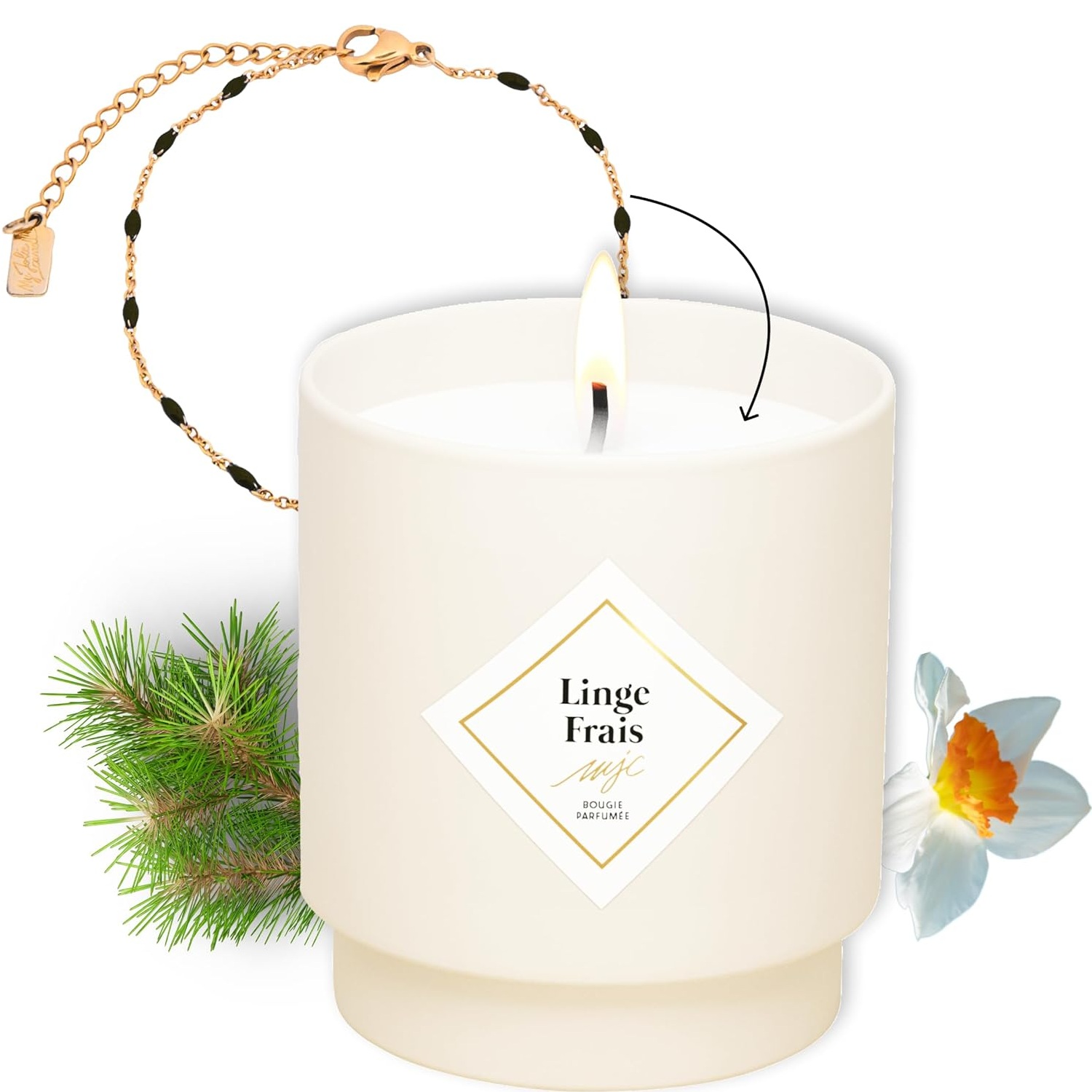 Bougie parfumée linge frais bracelet or et perles noires les essentielles 36h - my jolie candle