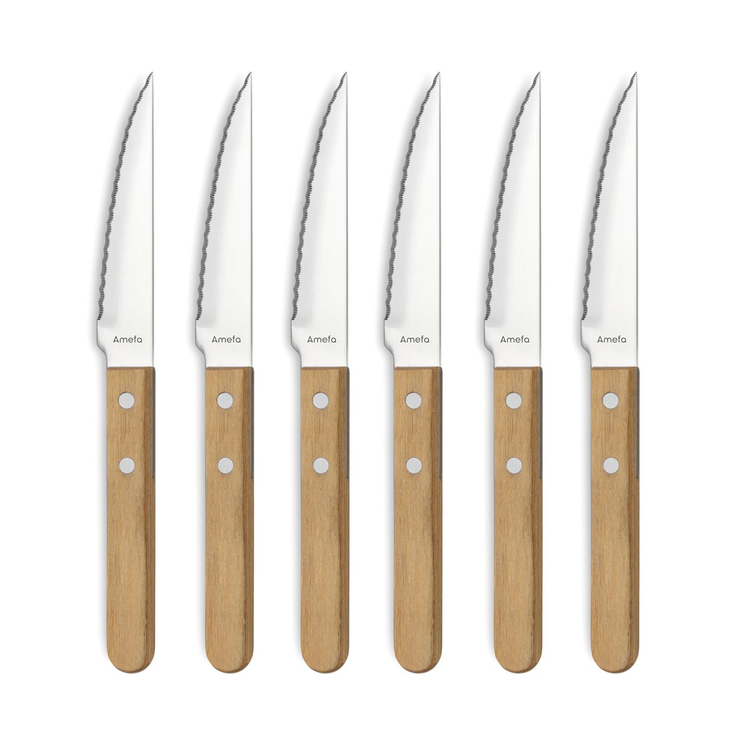 Lot de 6 couteaux à steak pizza manche bois - amefa