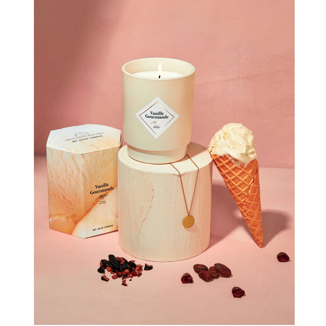 Vanille gourmande bougie parfumée surprenantes avec bijou collier argent 50h - my jolie candle