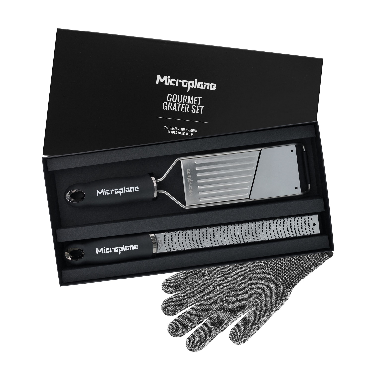 Coffret 1 zesteur + 1 mandoline râpe et gant de protection collection gourmet - microplane