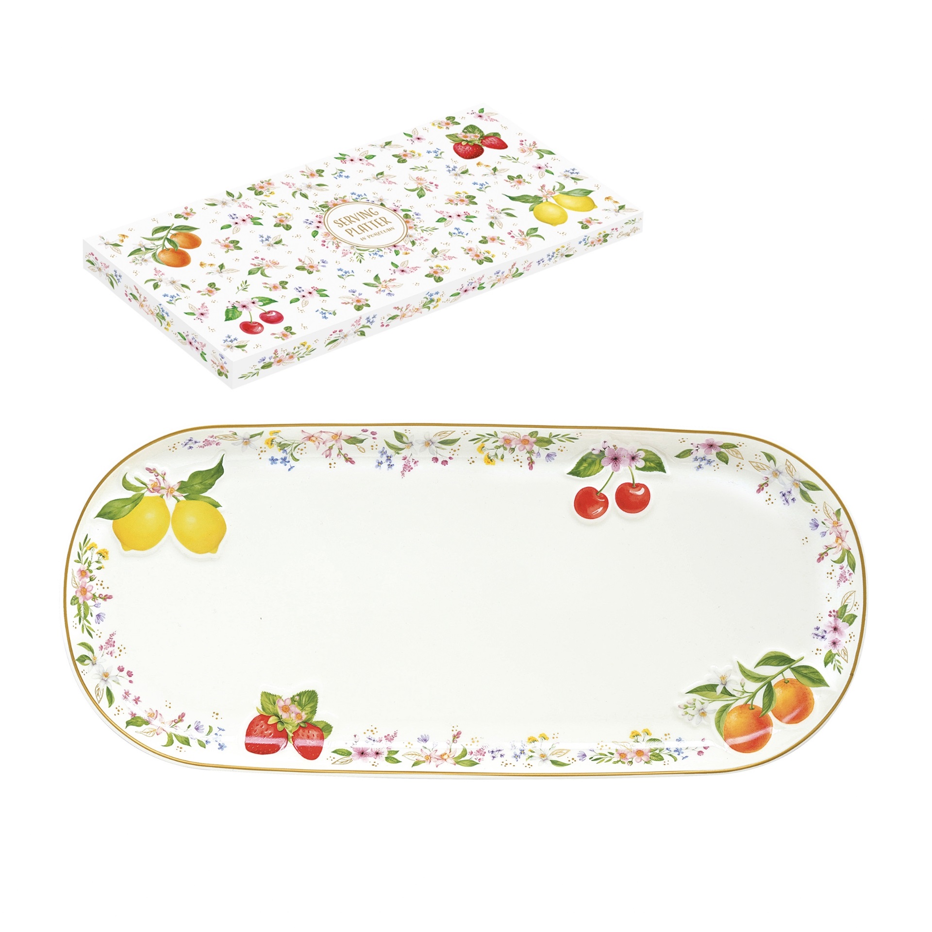 Fancy fruit - plat à cake en porcelaine en boite cadeau 34 x 15 cm - easylife