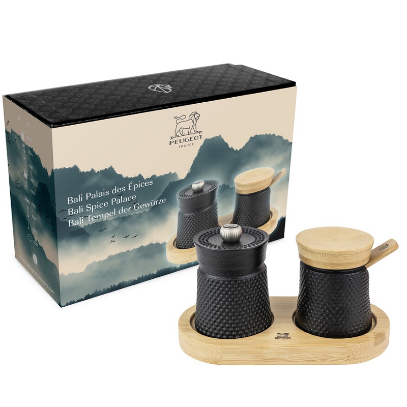 Coffret moulin a poivre bali en fonte noir + coupelle a sel - peugeot saveurs