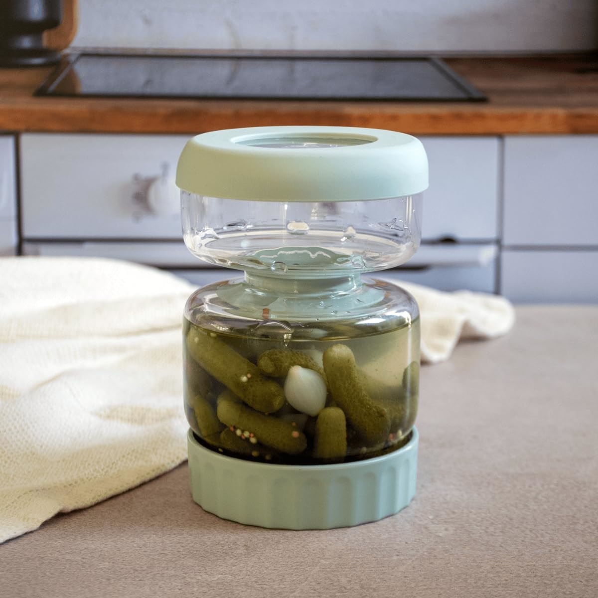 Bocal en verre 2 compartiments en sablier 750 ml, pour égoutter cornichons et pickles - pebbly
