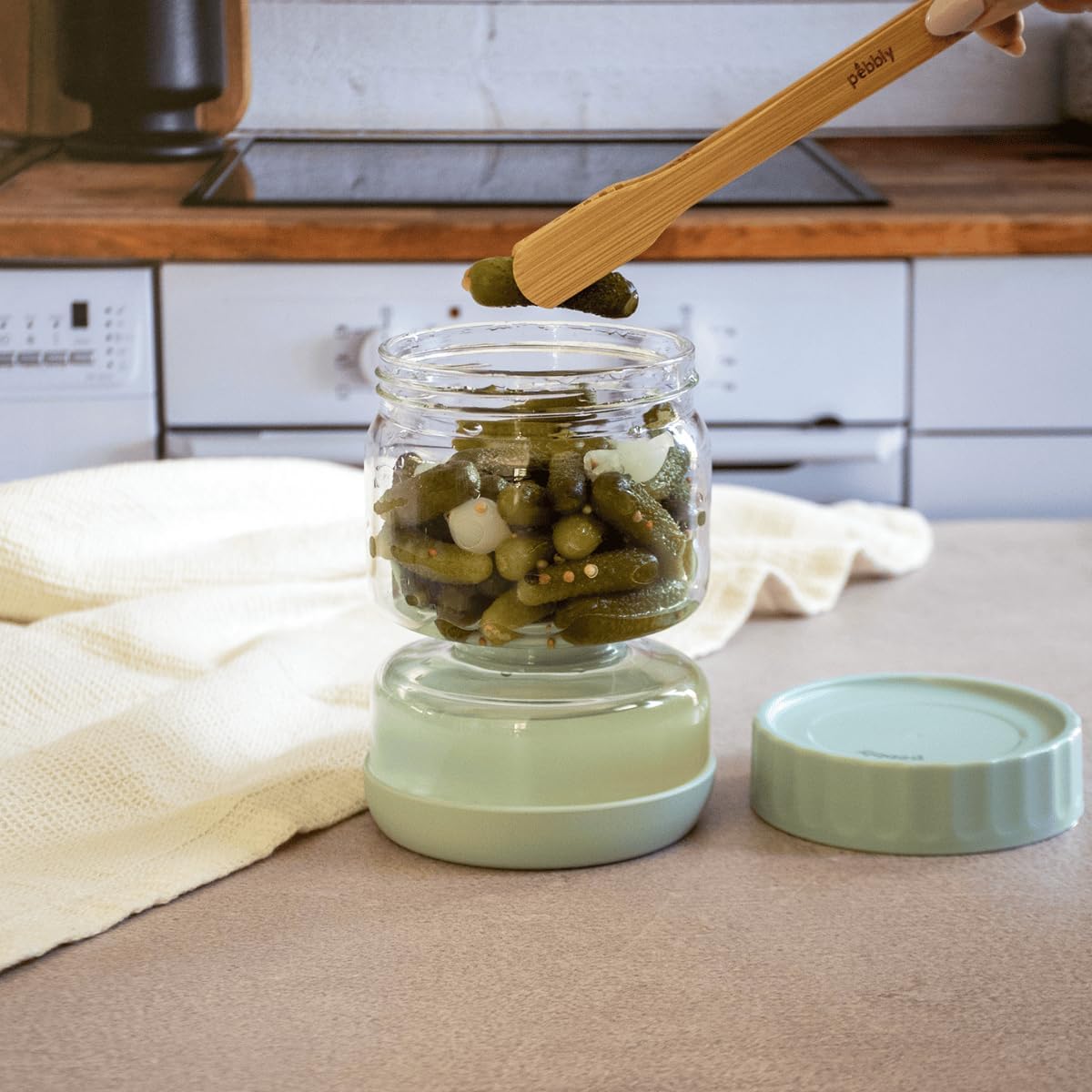 Bocal en verre 2 compartiments en sablier 750 ml, pour égoutter cornichons et pickles - pebbly