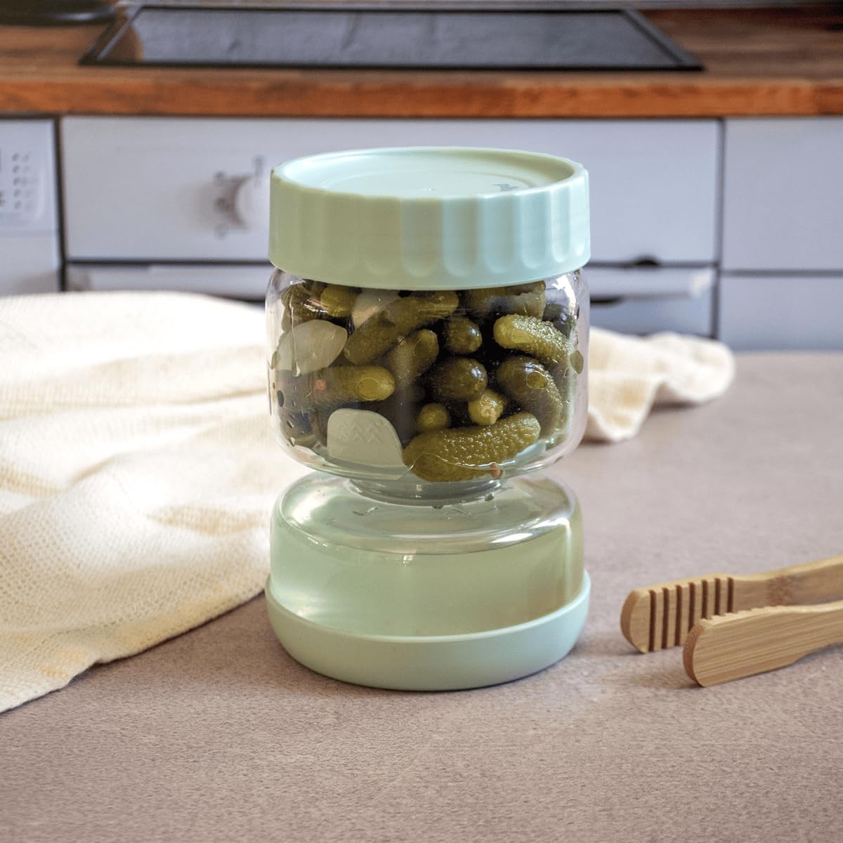Bocal en verre 2 compartiments en sablier 750 ml, pour égoutter cornichons et pickles - pebbly