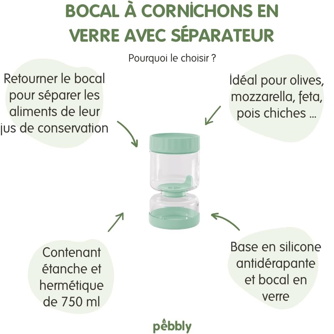 Bocal en verre 2 compartiments en sablier 750 ml, pour égoutter cornichons et pickles - pebbly
