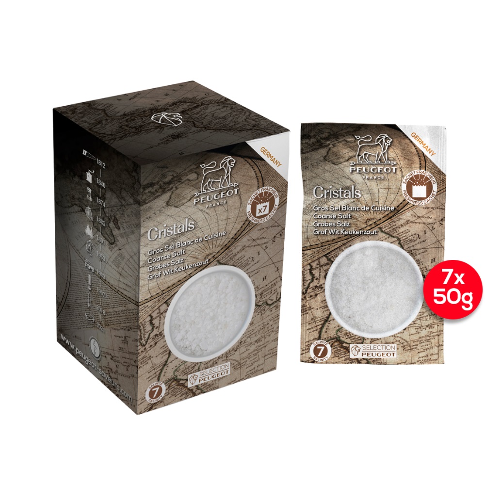Gros sel blanc de cuisine d'allemagne, 350g - 7 sachets fraicheur de 50g - peugeot saveurs