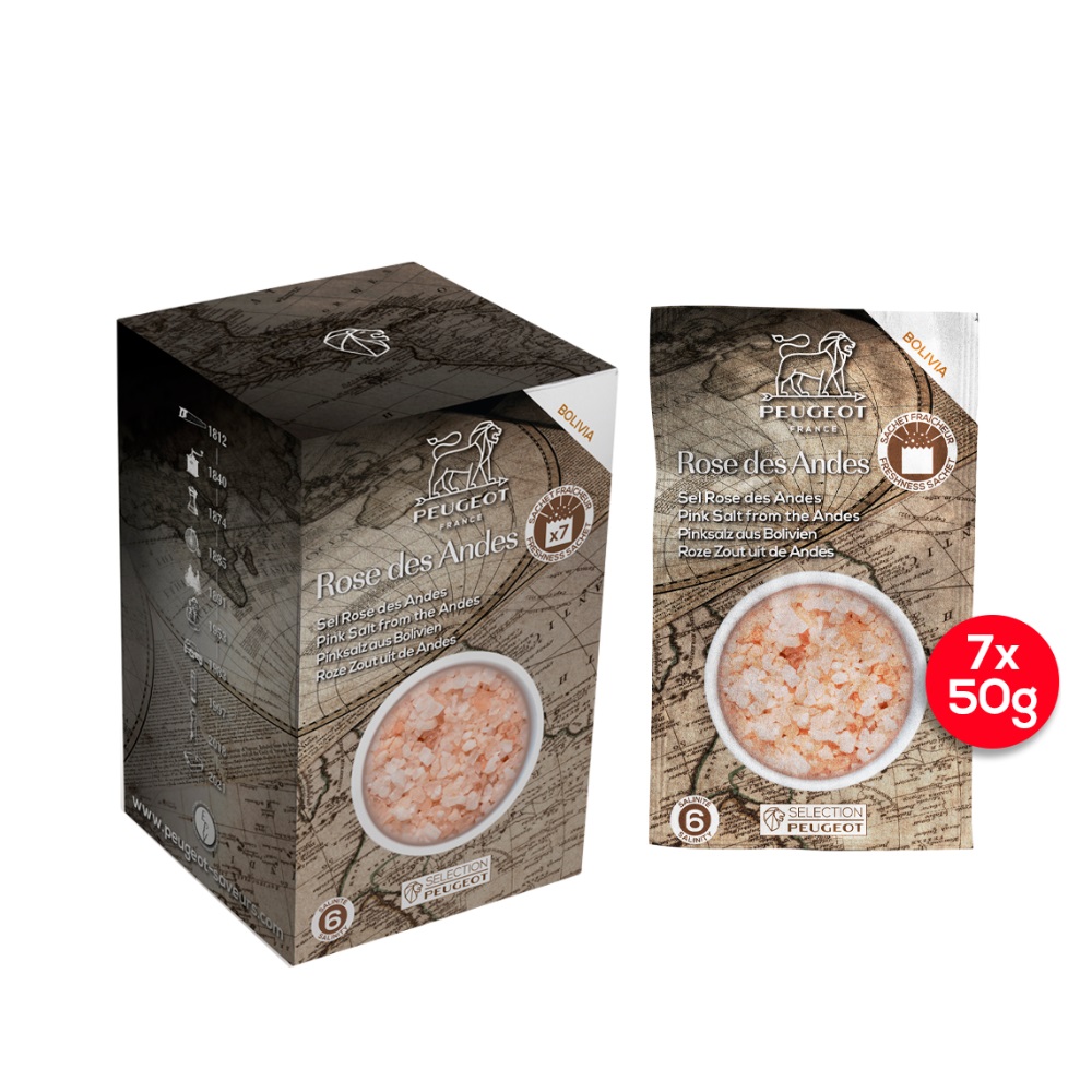 Gros sel rose de cuisine de bolivie, 350g - 7 sachets fraicheur de 50g - peugeot saveurs