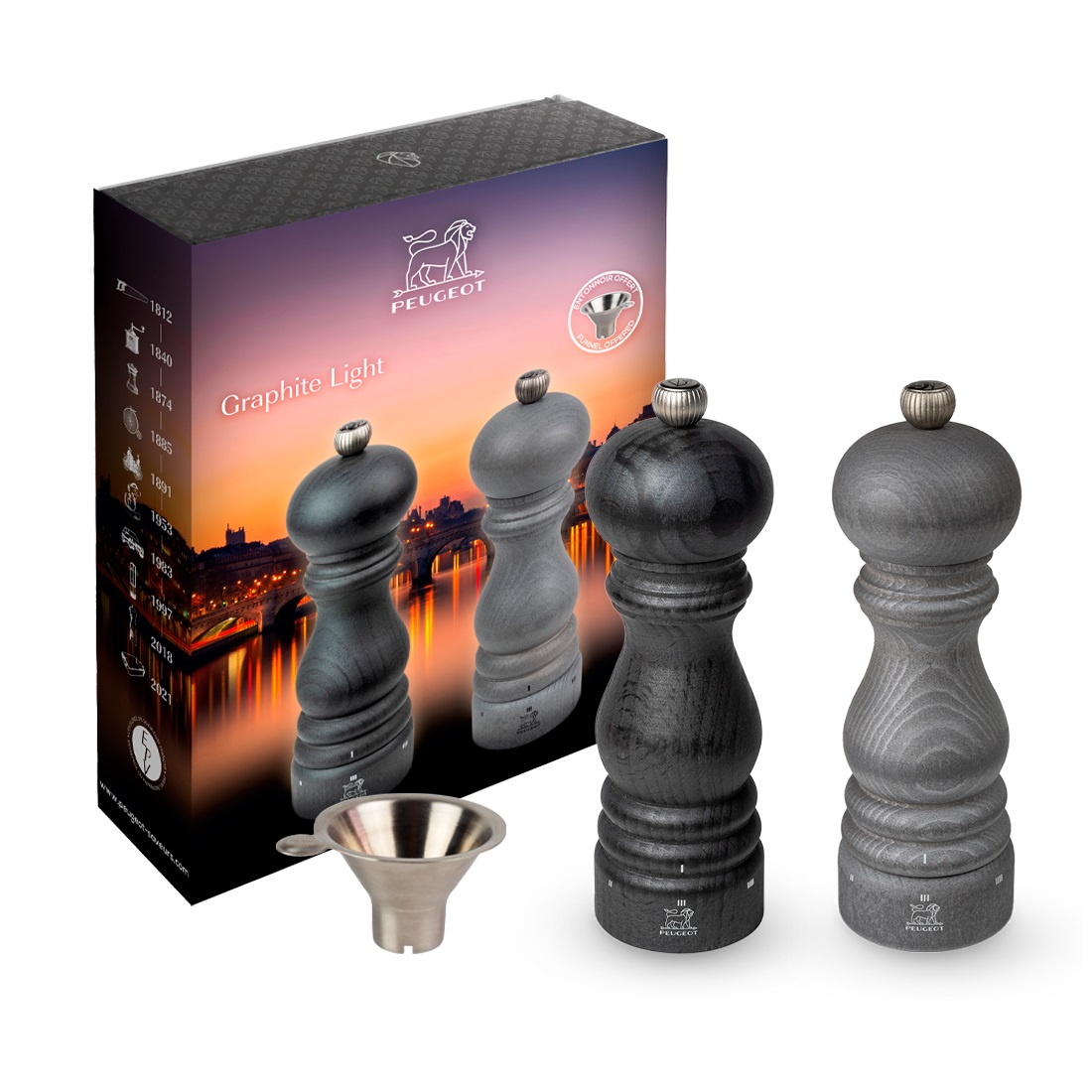 Coffret cadeau paris u’select 18 cm graphite light - duo de moulins à poivre et à sel accompagné d’un entonnoir en inox - peugeot saveurs